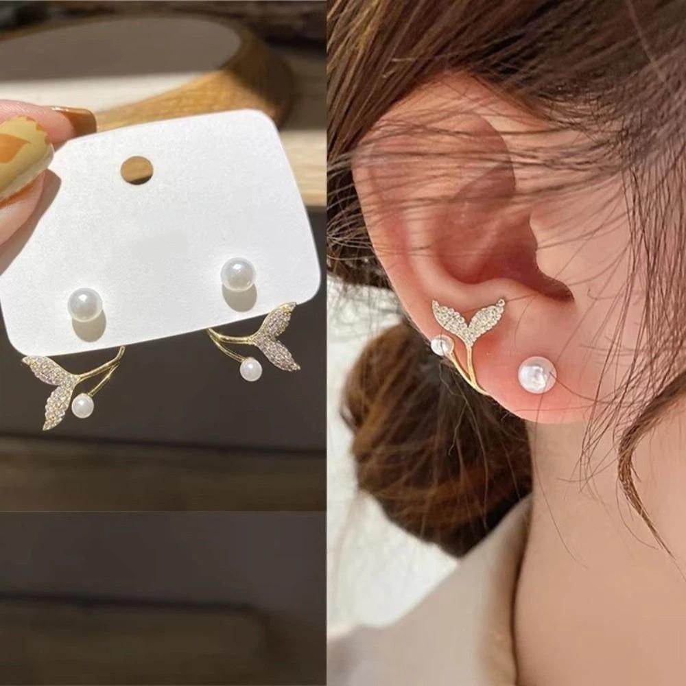 Exquisite Design Fish Tail Earrings Zircon Fish Tail Stud Earrings Pearl Crystal Earrings Commute