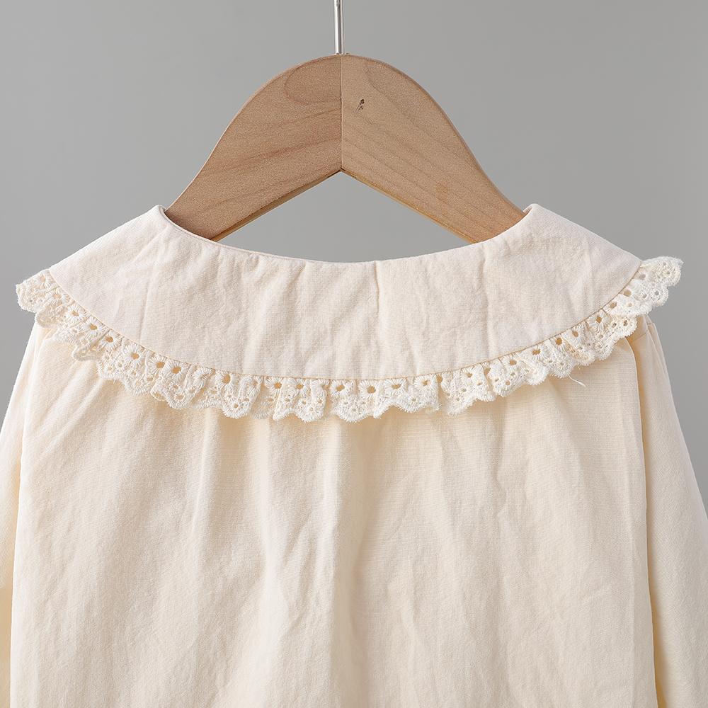 Beige Bluse für Kleinkind Mädchen mit Blumenstickerei und Spitze Peter Pan Kragen Frühling Herbst 2-6 Jahre Mädchenbekleidung