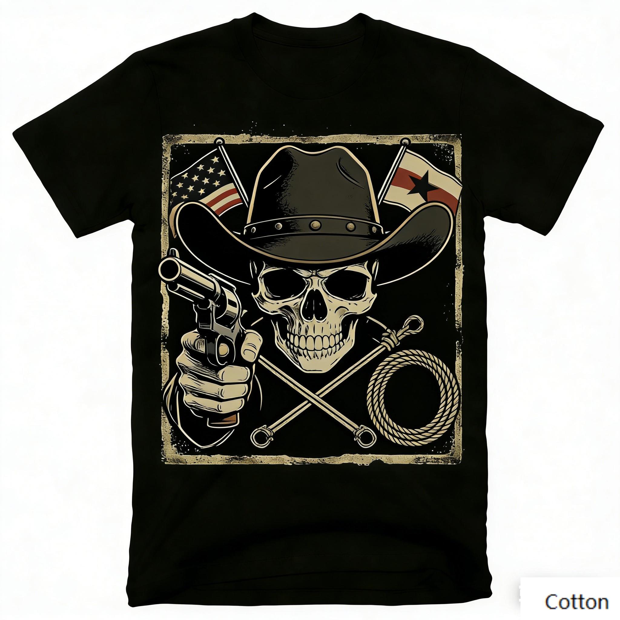 Vintage Skeleton Cowboy Gunslinger Graphic T-Shirt Revolver Lasso Flag Print Cotton Short Sleeve Casual Unisex Tee S разноцветный