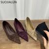 Fashion SUOJIALUN New Brand Women Flat Shoes Fashion Pointed Toe Pleated Shallow Slip On Single Shoes Increases Internal Dress Boat Shoe