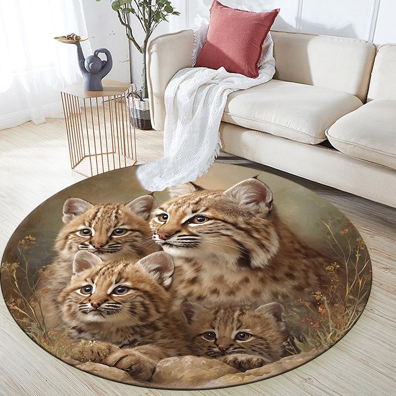Lynx and Raccoon Round Area Rug,Carpet Rug for Living Room Bedroom Sofa Playroom Decor,Non-slip Floor Mat