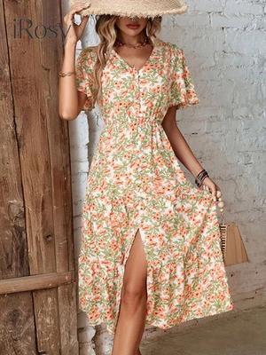 Neu im Blumendruck-Kleid mit Schlitz vorne für Damen, elegantes Sommerkleid mit kurzen Ärmeln, V-Ausschnitt, elastische Taille, Midi-Strandurlaubskleid