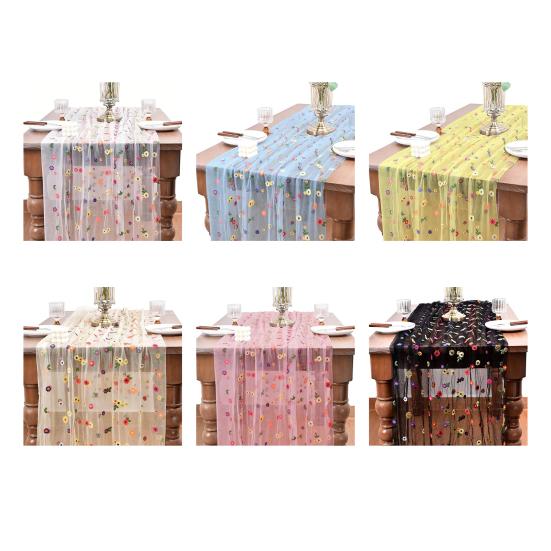 Embroidered Flower Table Runner Sheer Mesh Gauze Tablecloth for Spring Summer Delicate Floral Lace Table Decor for Wedding Party Dining Table