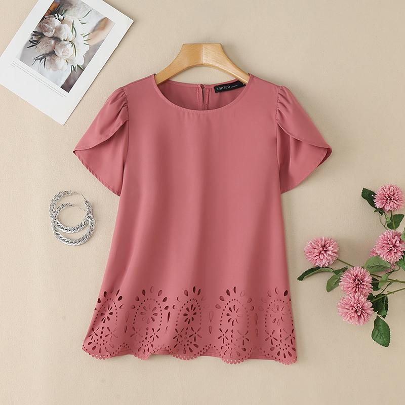 

ZANZEA Женская повседневная летняя блузка с круглым вырезом и коротким рукавом M камео розовый