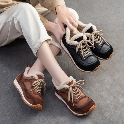 Plush Warm Retro Lace-up Cotton Shoes Casual Comfortable Versatile Genuine Leather Women's Flat Shoes