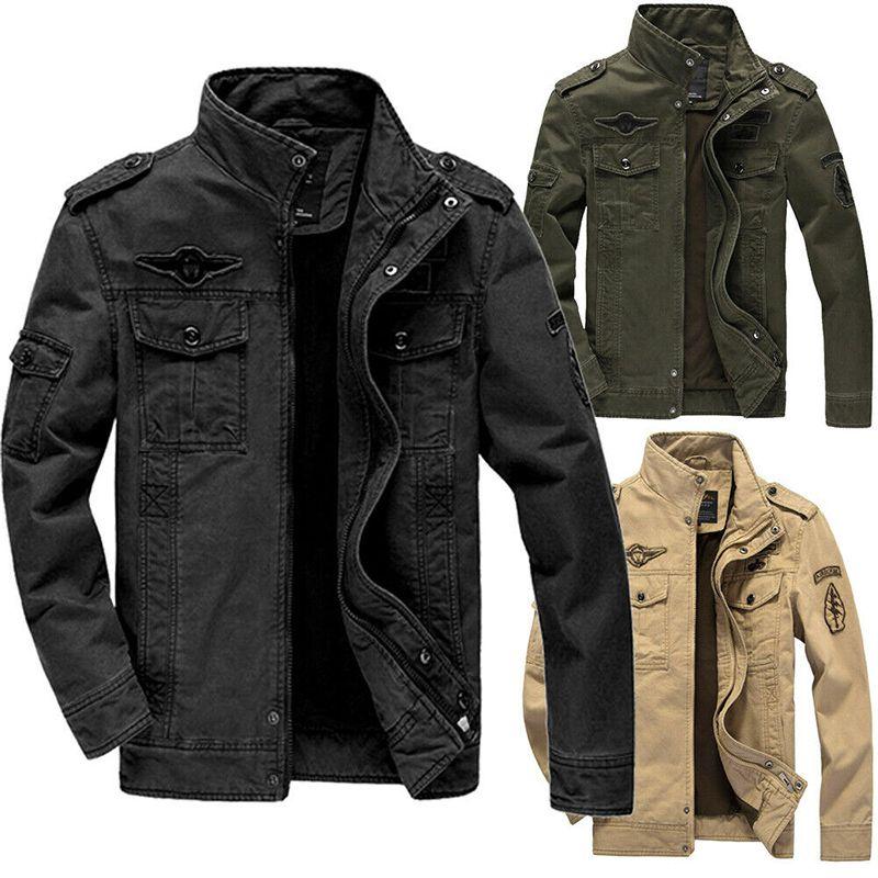 Men's Autumn Winter Thicken Military Jacket With Warm Lined Interior And Stand Collar