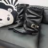 Fashion New Retro Boots Popular Flame Rivet Pleated Knight Boots Women Pointed Toe Chunky Heel Belt Buckle Black Leather Mid Calf Boots