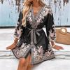 Dress Summerwomen's Vintage Print Dress Fashion Embroidery Dresses Casual Lace Up Mini Dresses for Woman