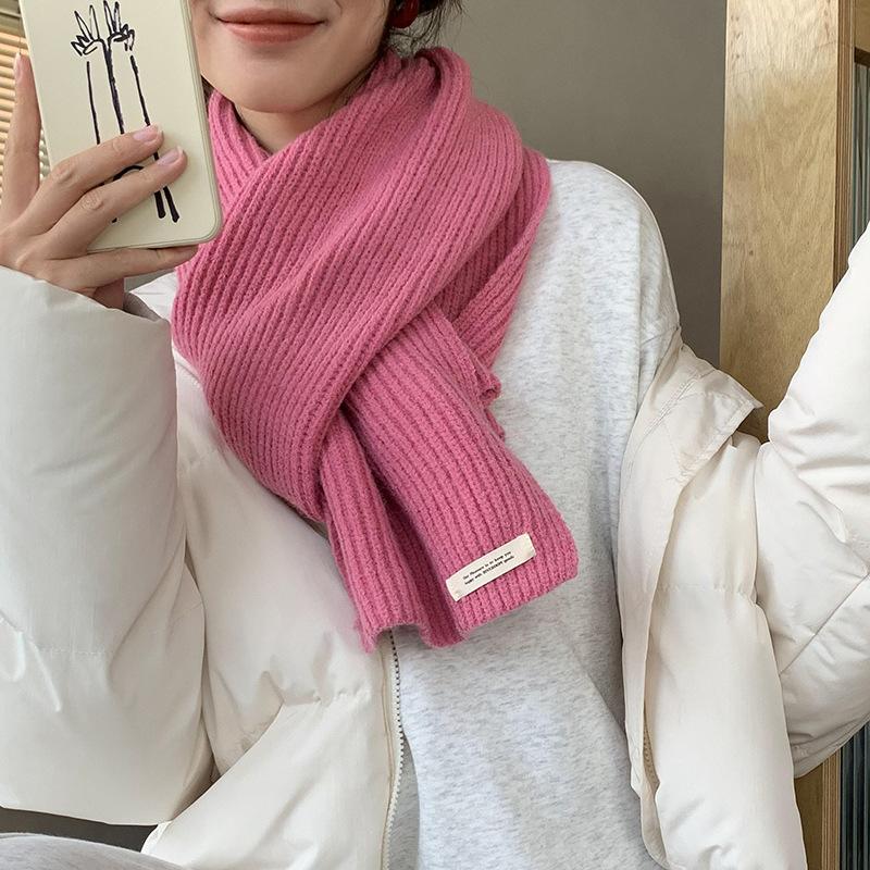 Korean Ins Solid Color Labeling Wool Scarf Women Winter Warm Versatile Student Couple Internet Celebrity Knitted Scarf Tide