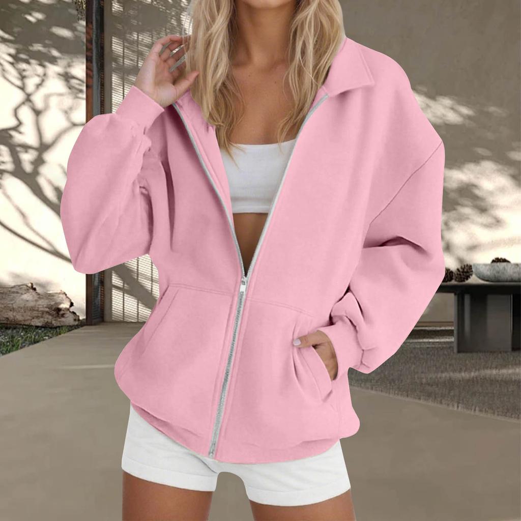 Women's  Fashion Zipper Hoodie Long Sleeve Hooded Pullover Sweatshirt Casual Solid Color Tops With Pockets
