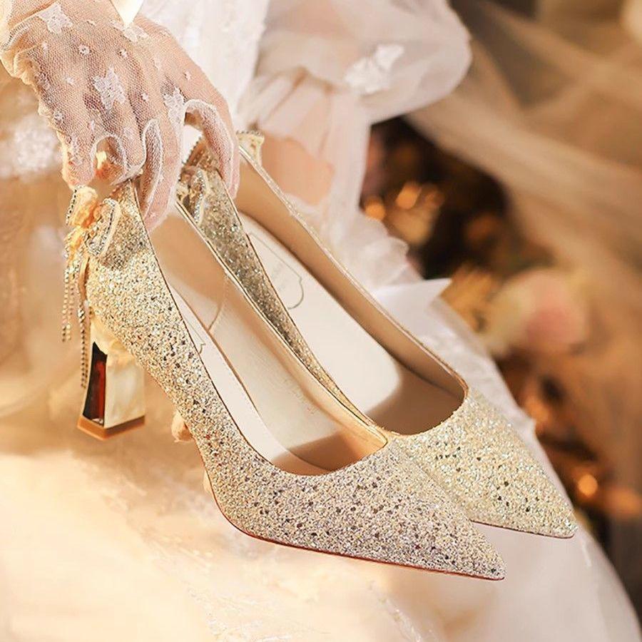 Sparkly French Butterfly Tassel Rhinestone High Heels - Women's Pointed Toe Chunky Heel Wedding & Evening Shoes