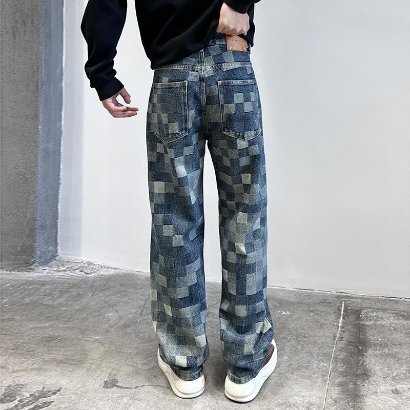 American high street jeans men's ins trendy checkerboard loose straight pants jacquard checkerboard casual trousers
