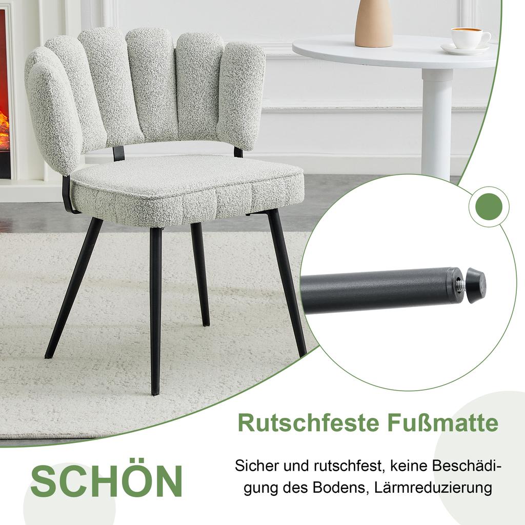Tisch- und Stuhlset. Runder Esstisch 107 cm in Nussbaumoptik, doppelte Stauraumfunktion + 2 cremefarbene graue Stoffstühle mit blumenförmiger Rückenlehne aus Bouclé.