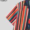 INCERUN Summer Oversized Men Lapel Striped Plaid Print Buttons Up Casual Hawaiian Shirts
