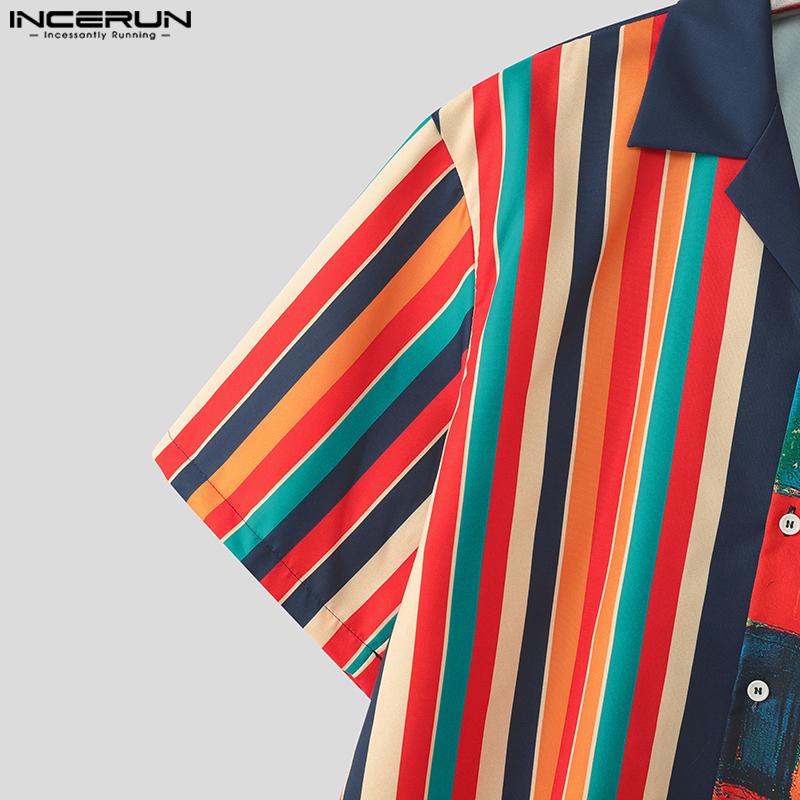 INCERUN Summer Oversized Men Lapel Striped Plaid Print Buttons Up Casual Hawaiian Shirts