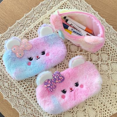 Colorful Pencil Case Plush Pencil Cases For Girls Trousse Cute Bow Kalemlik School Supplies Pencil Pouch