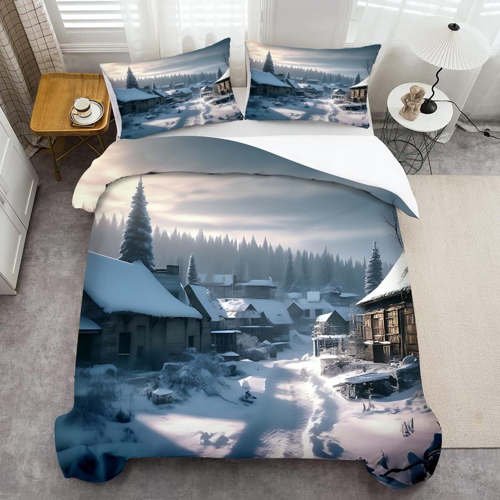 Snow Hut Forest 3D Printed Quilt Cover Set Rustic Natural Style Duvet Cover Set Soft Comfortable Luxury Bedding Set Pillowcases
