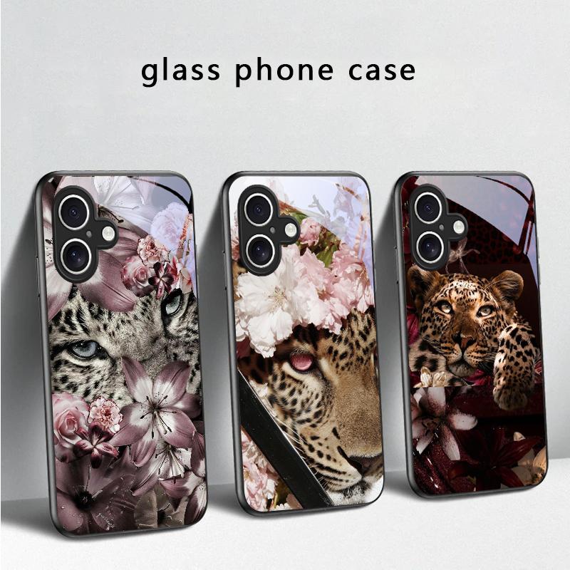 Flower Leopard Shadow For iPhone 17 Air 16 E 15 Plus 14 Pro Max 13 12 Mini 11 5 6 7 8 Plus XR XSMax SE Black Glass Phone Case