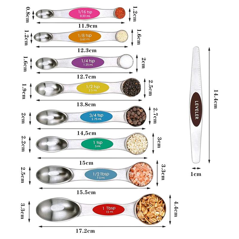9pcs Stainless Steel Magnetic Measuring Spoons - Dual Sided for Liquid and Dry Ingredients - Fits In Spice Jars - Perfect for Measuring Accurately