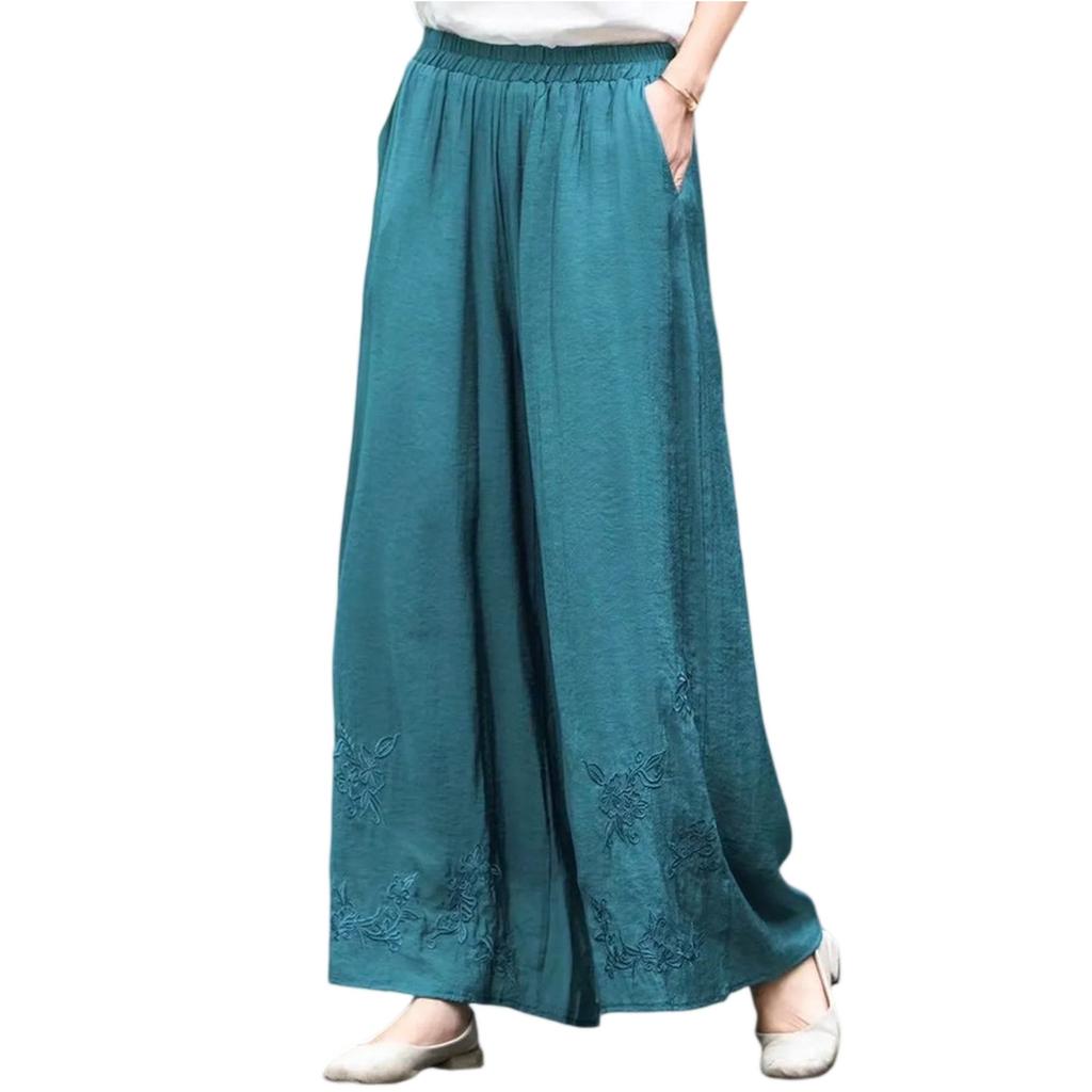 Pantaloni Casual da Donna alla Moda in Cotone e Lino Ricamati a Doppio Strato con Gamba Dritta