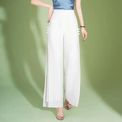 Pantalones de verano finos de gasa de pierna ancha para mujer, cintura alta, holgados, para personas altas, pantalones plegados de estilo chino, pantalones rectos con abertura