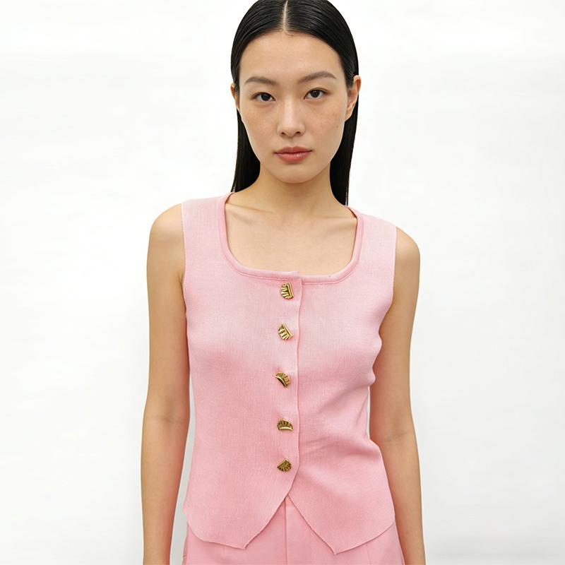 French Retro U-Neck Single-Breasted Sleeveless Slim Vest Solid Color Knitted Vest For Women