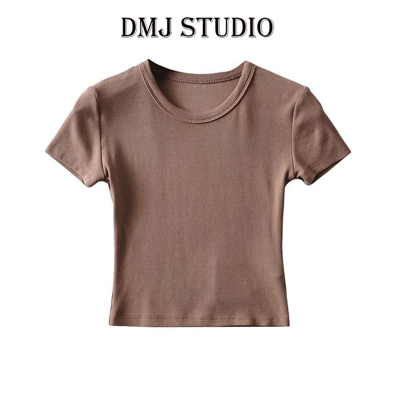 

DMJ New Arrival Summer Color Silm Short Sleeve round Neck Chest T-shirt Sports Fitness Pure Color Short Midriff-Baring Top Deep khakis (Crop Top paragraph) M