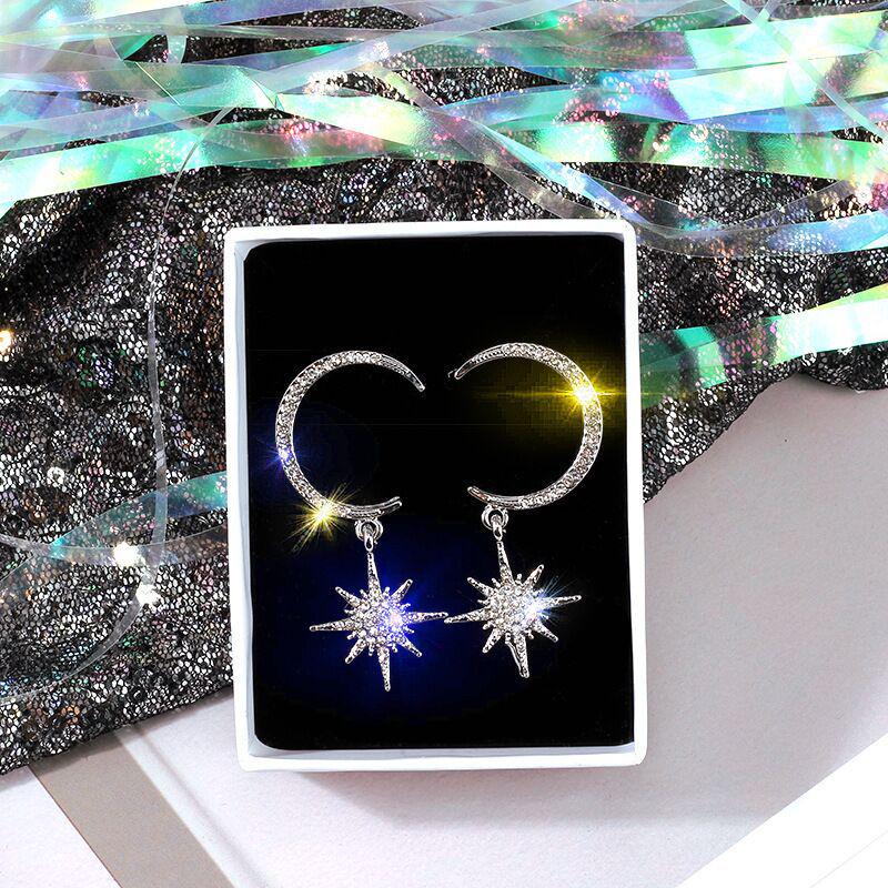 Korean Asymmetrical Star & Moon Tassel Earrings - 925 Silver Needle with Diamonds