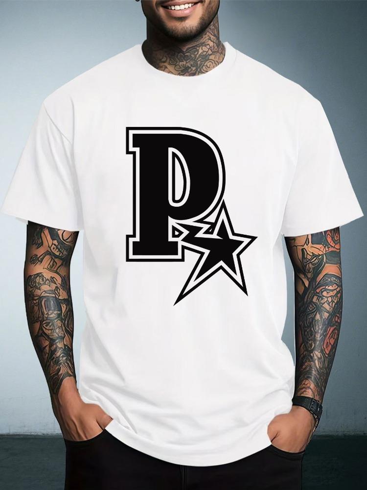 Unisex Summer White Short Sleeve Tee Bold Letter P Star Outline Graphic Print Crew Neck Loose Vintage Streetwear Male Casual Tops