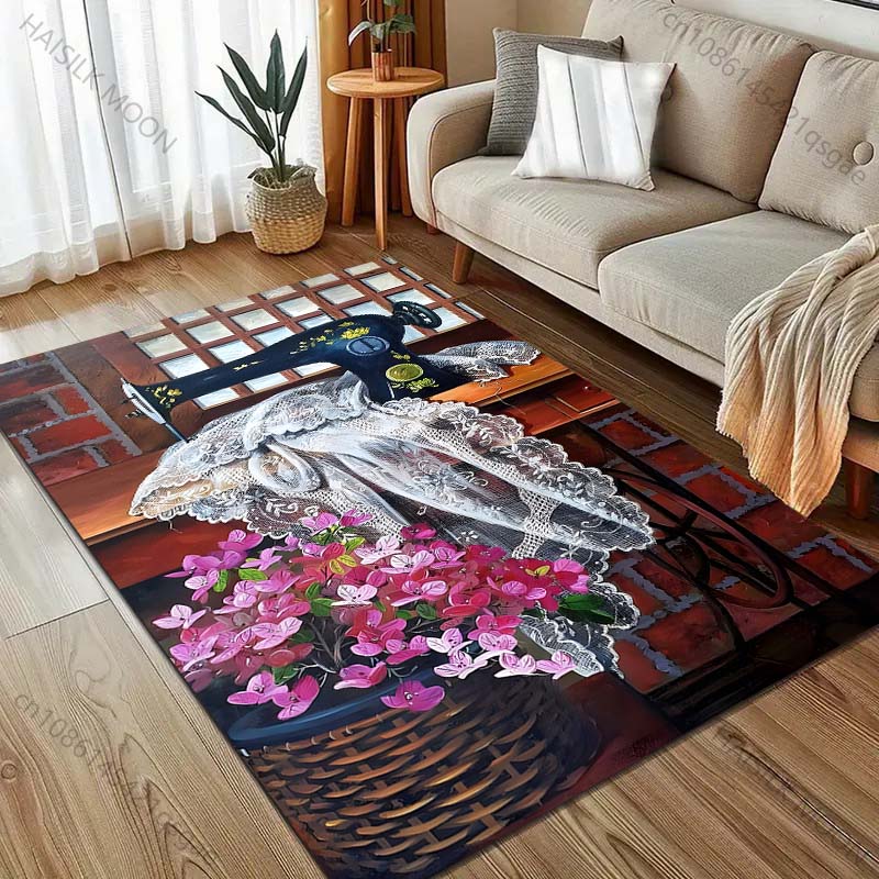 Sewing Machine Retro Style Painting Carpet for Living Room Bedroom Doormat Home Decor Sofa Table Area Rug Non-slip Floor Mat