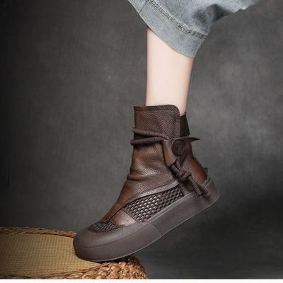 Coole Retro-Stiefel mit ausgehöhlten Details für Damen, dicke Sohle, echtes weiches Leder, lässige Schwammsohle, Zehenabdeckung, kurze Stiefel aus Netzstoff.