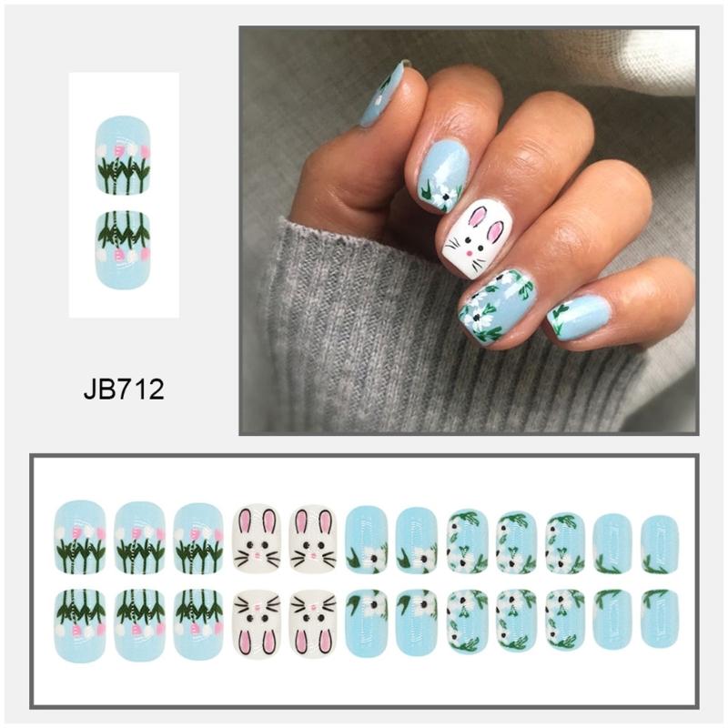 Spring Easter Nail Art Manicure Set 24Pcs Short Square False Nail With Rabbit And Flowers Stick on Nail for Party