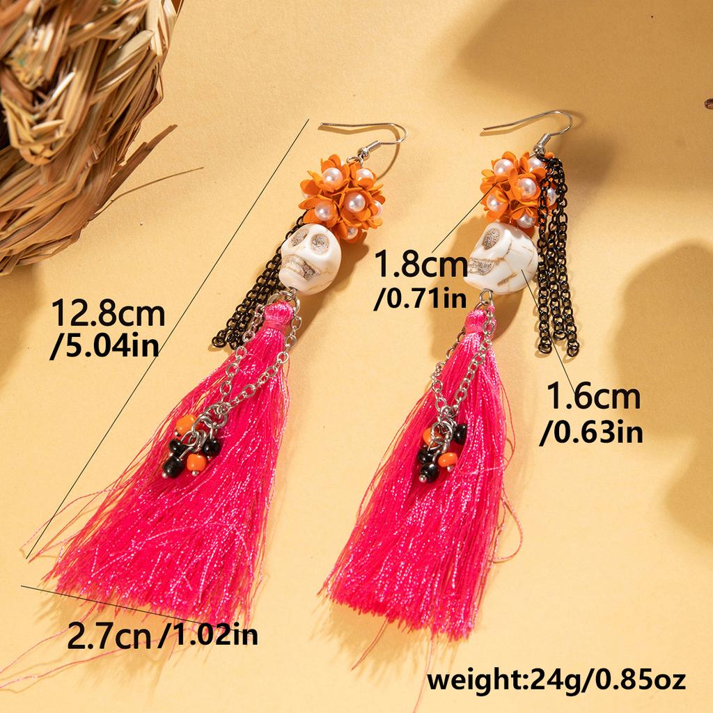 Funny Ethnic Flower Skull Drop Earrings for Women Creative Gothic Punk Long Tassel Earring Halloween Party Festival Jewelry Gift