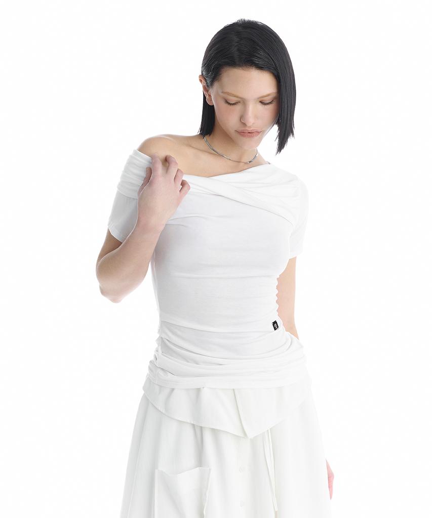 Teulimingbeodeu Twisted Overlay Off-Shoulder Top [ White ]