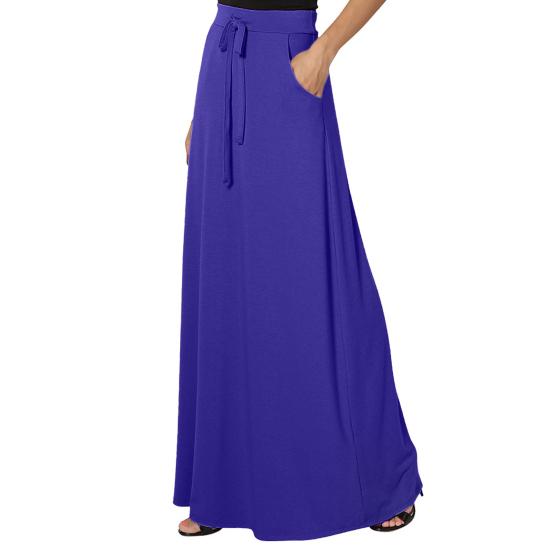 Women Maxi Skirt Adjustable Drawstring High-Waisted Solid Color Long Skirt with Pockets Casual Work Skirt