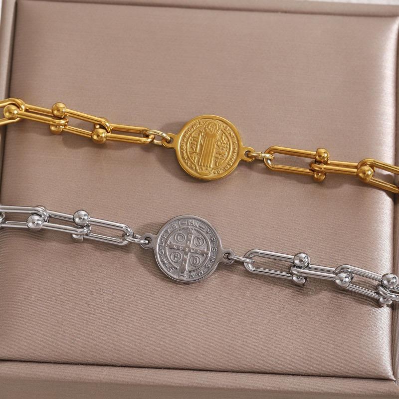 14K St. Bracciale in acciaio inossidabile con Croce di Benedetto, bracciale regolabile con chiusura a fibbia a ferro di cavallo a forma di U, gioiello regalo per uomo e donna