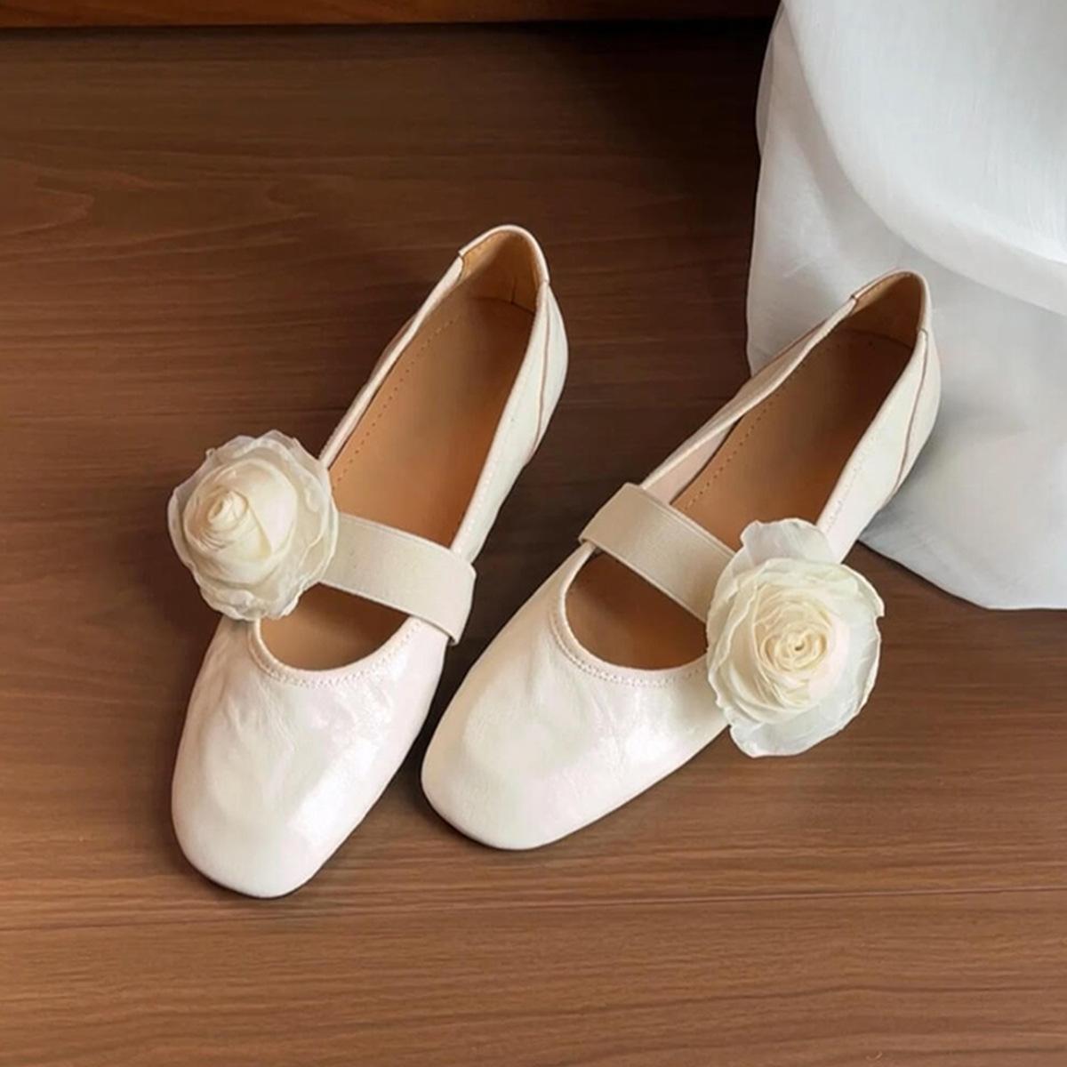 

Sheepskin version~ Removable flower word with shallow mouth ballet shoes women s French simple and gentle flat Mary Jane shoes 35
