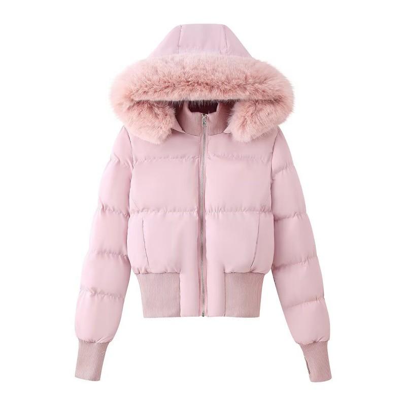 Womens Winter Hooded Cotton-Polyester Jacket With Faux Fur Trim Casual Coat Short Length