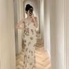 Sexy French Print Suspender Dress Women's Niche Design Chic Slim Mesh Fishtail Dress Beautiful Temperament
