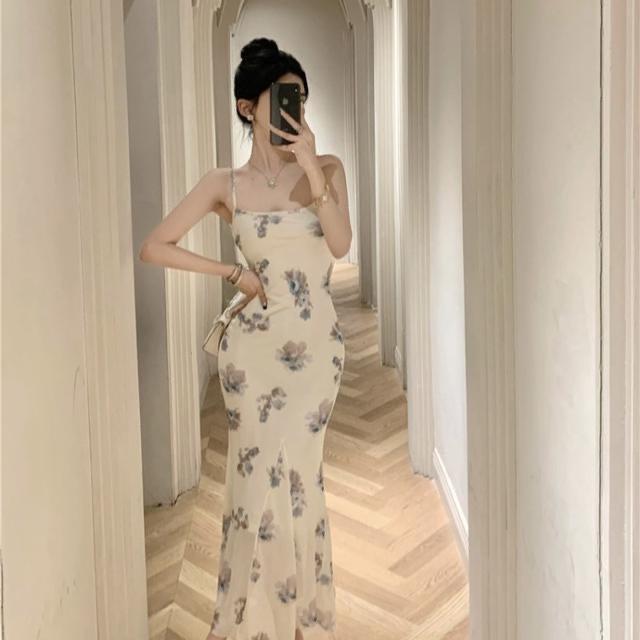 Sexy French Print Suspender Dress Women's Niche Design Chic Slim Mesh Fishtail Dress Beautiful Temperament