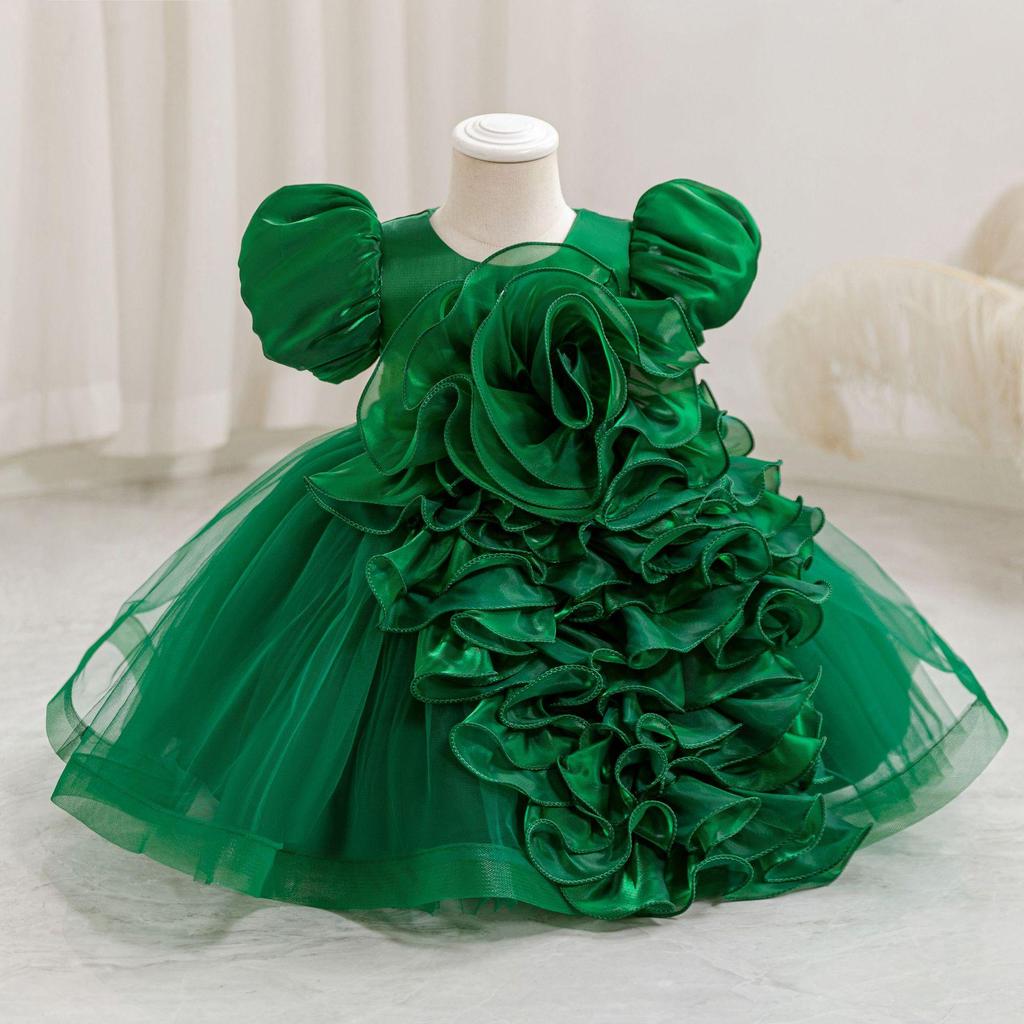 Girls' 3D Flower Princess Dress: First Birthday Puff Sleeves and Puffy Skirt