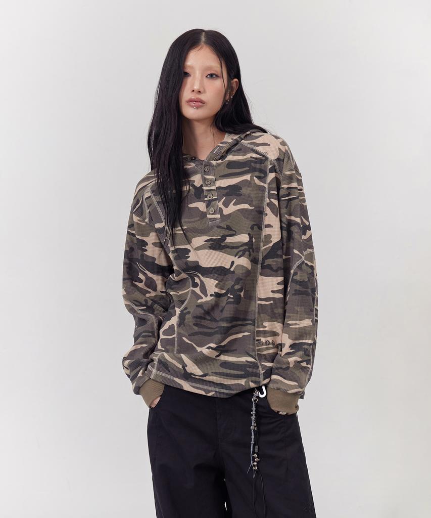 Waffle Hoodie Long Sleeve Khaki