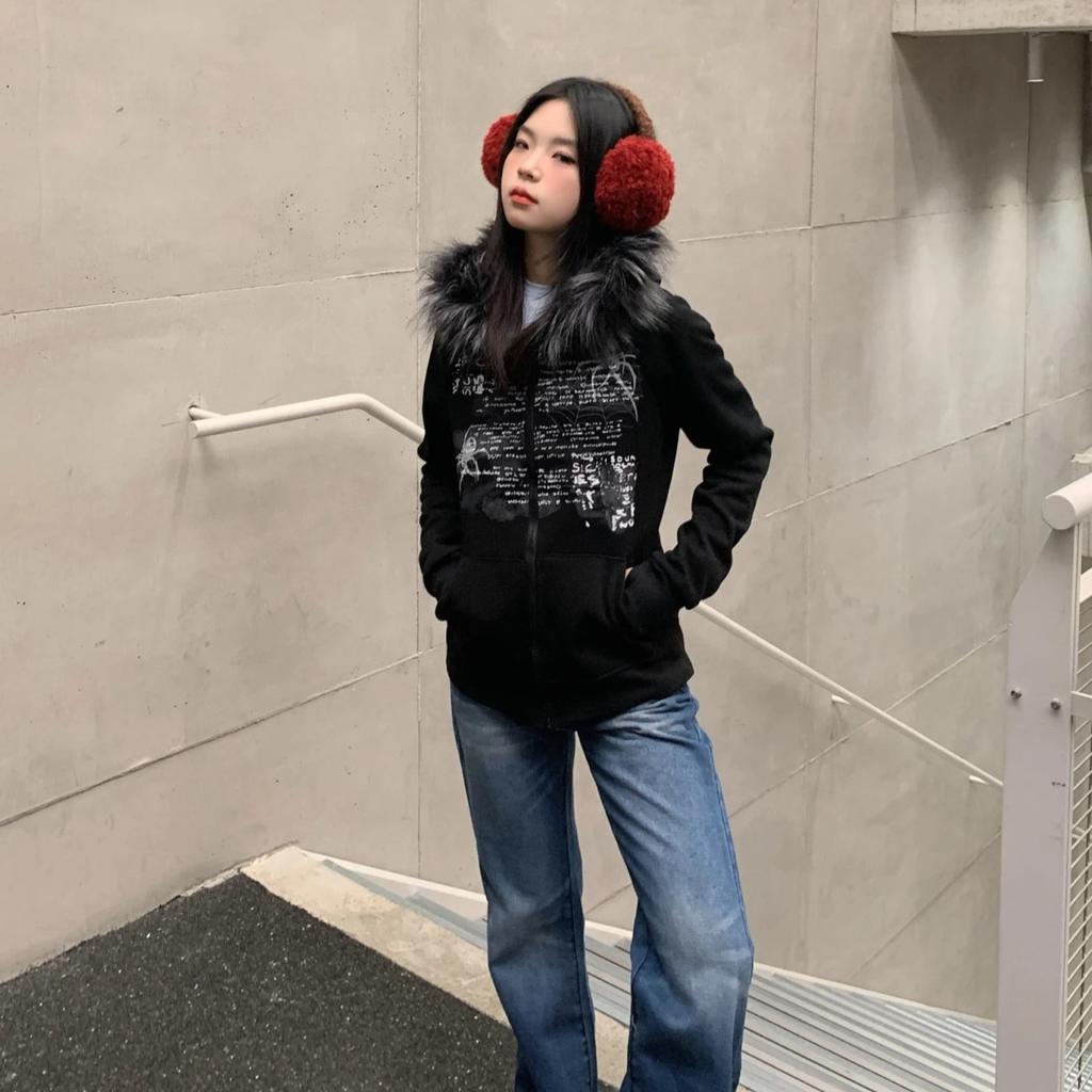 VAYLA Y2k Fur Patchwork Grunge Hoodies Women Streetwear Vintage Harajuku Gothic Print Hooded Sweatshirt Coat Aesthetic Slim Jacket