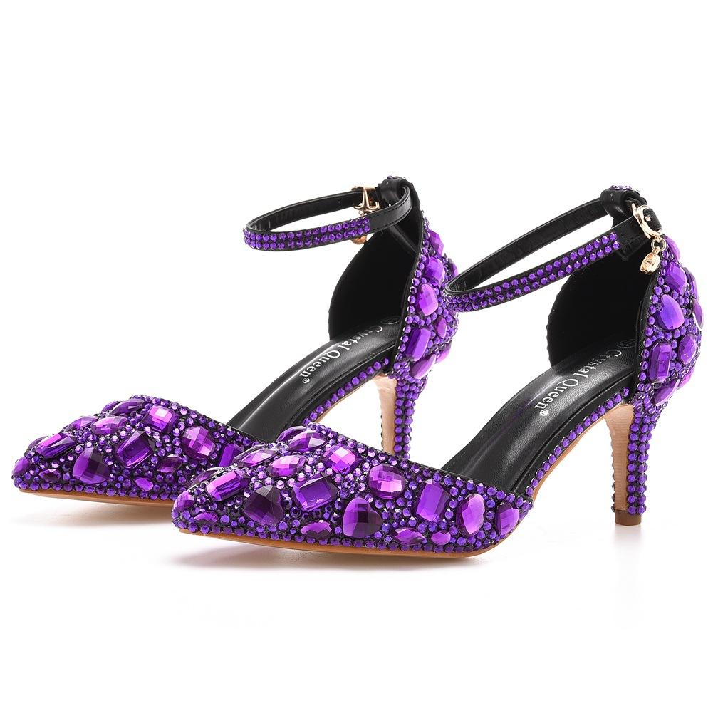 

7 см весна новый кристалл сверкающий бриллиант 11 цветов свадебные туфли туфли для подружки невесты банкет шпилька женская обувь 40 фиолетовый