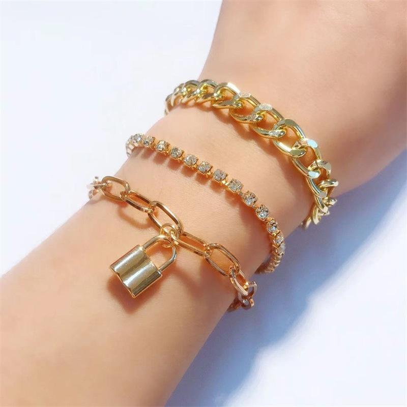 Fashion Retro Lock-shaped Chain Jewelry with Personality Hip Hop Thick Chain Claw Chain Rhinestone Jewelry for Female