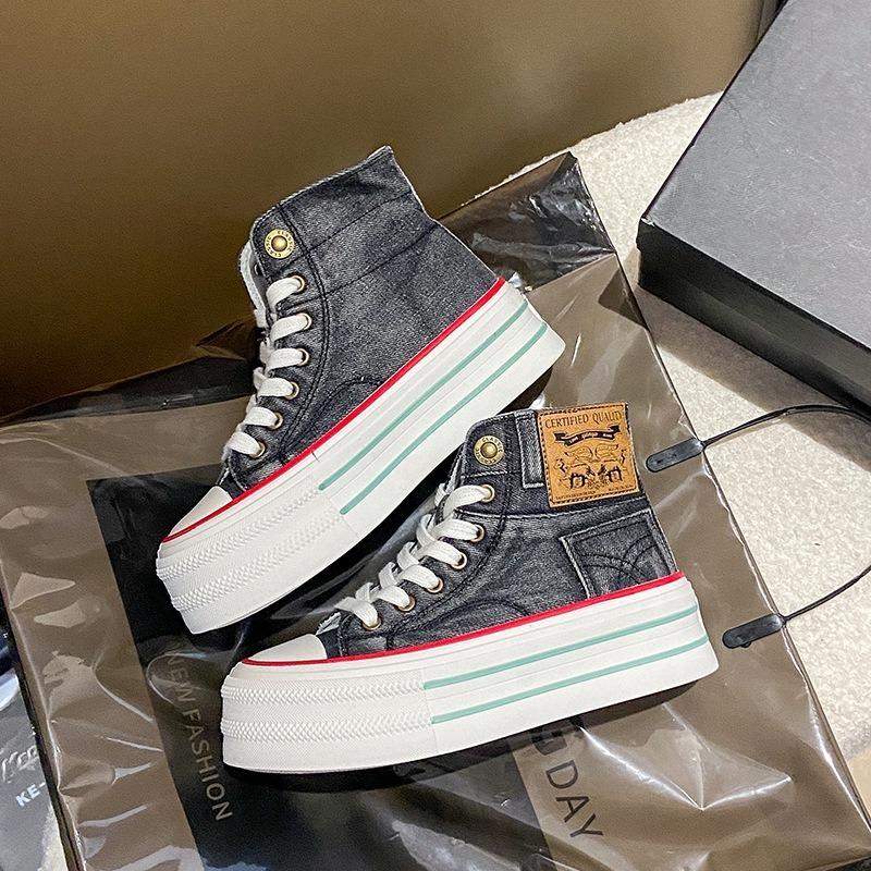 2025 Autumn Women's High-top Thick-soled denim Canvas Shoes Breathable Platform sneakers Student All-match Chunky Casual Shoes