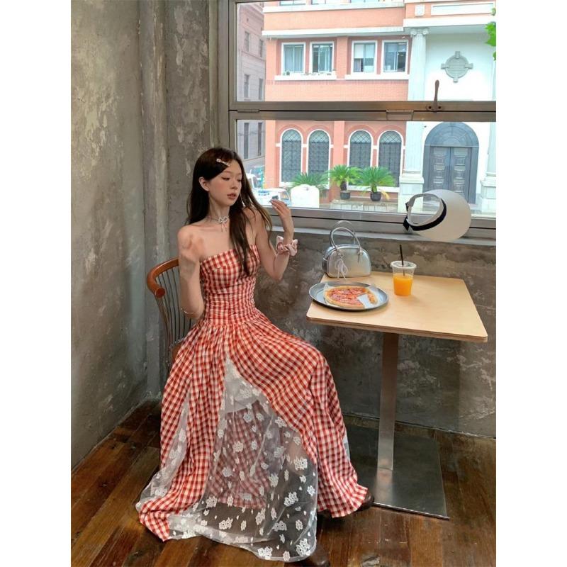 Women's Summer Blue Gingham Strapless Maxi Dress Lace Hem Beach Vacation Dresses