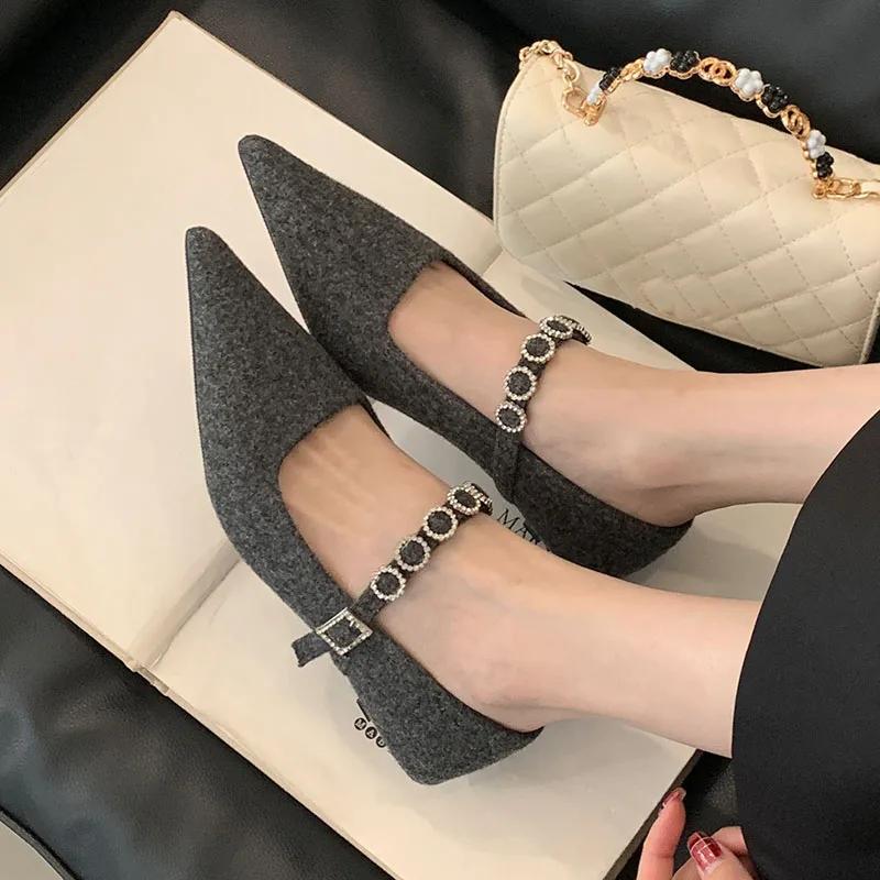 Luxury Satin Rhinestone Pointed Toe Buckle Shallow Low Heeled Women Shoes 2025 New Fashion Brand Designer Wedding Women's Pumps