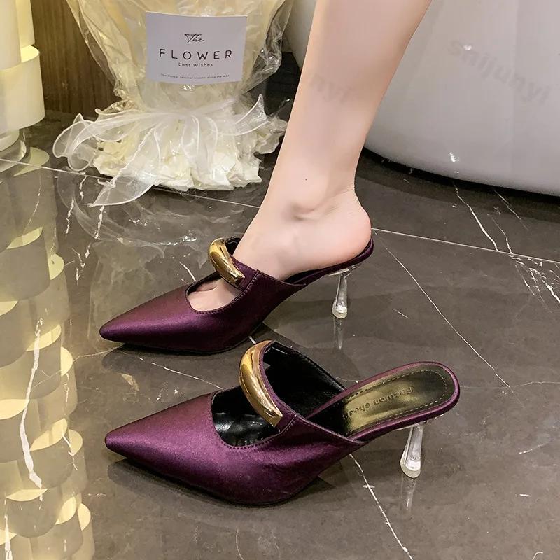 Leopard Women High Heels Slippers Summer New 2026 Pointed Toe Heeled Shoes Mules Sexy Sandals Trend Party Pumps Woman Zapatos