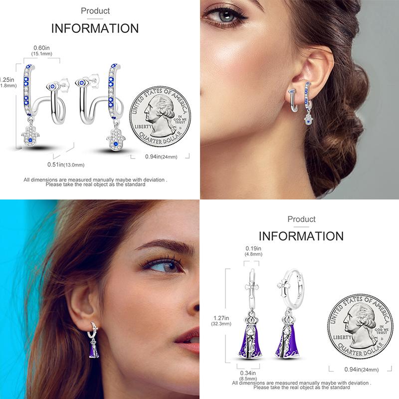 Original 925 Sterling Silver Hand of Fatima Blue Eye of Evil Hoop Earrings Cross Eardrop Earrings For Women Gift